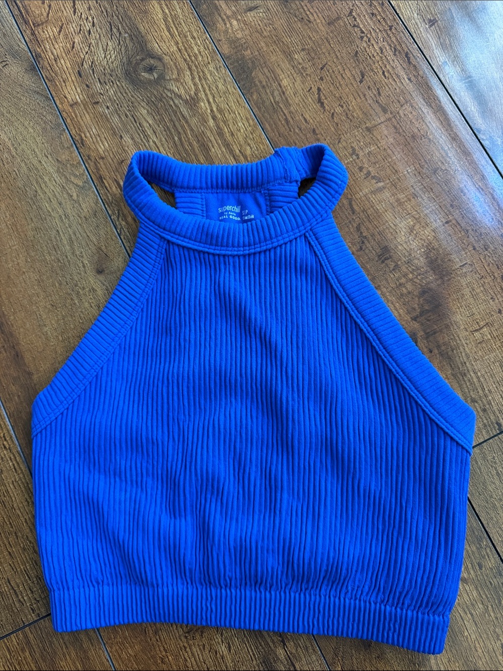aerie Royal Blue Ribbed High-Neck Crop Top